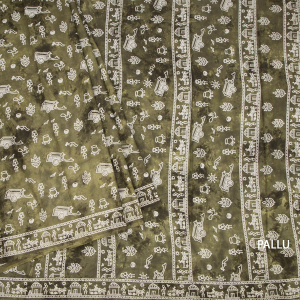 Chanderi Cotton Mehandi Green Printed Saree