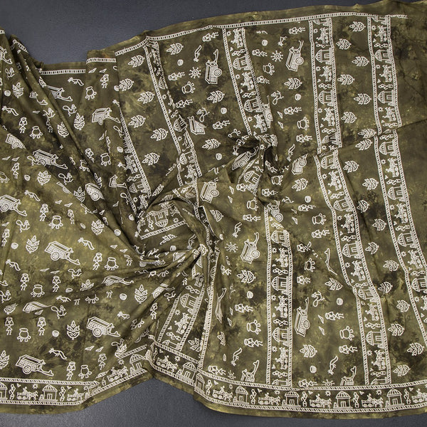 Chanderi Cotton Mehandi Green Printed Saree