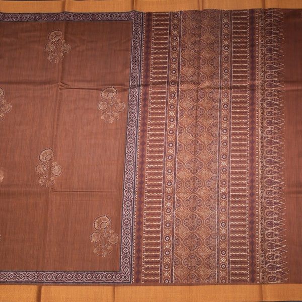 Chanderi Cotton Cinnamon Brown Printed Saree