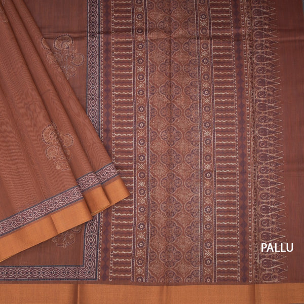 Chanderi Cotton Cinnamon Brown Printed Saree