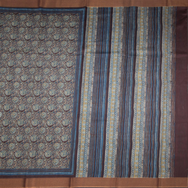 Chanderi Cotton Dark Brown Printed Saree