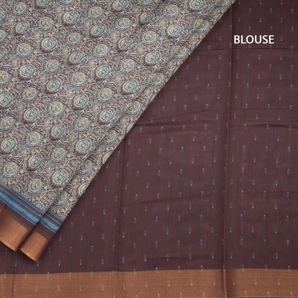 Chanderi Cotton Dark Brown Printed Saree