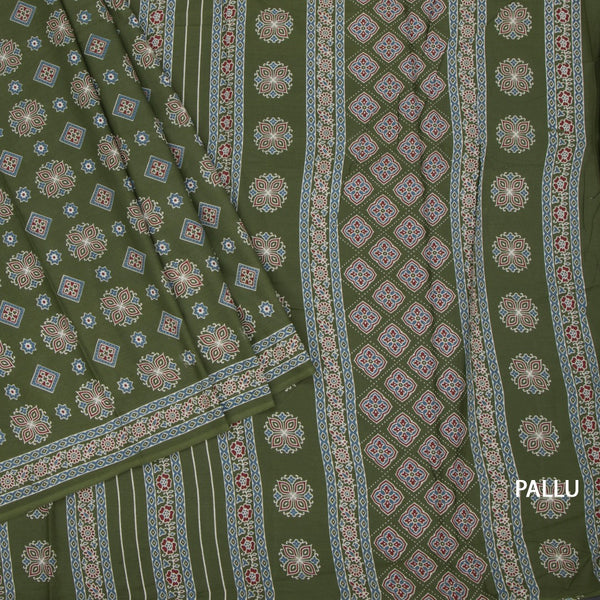 Chanderi Cotton Mehandi Green Printed Saree 02