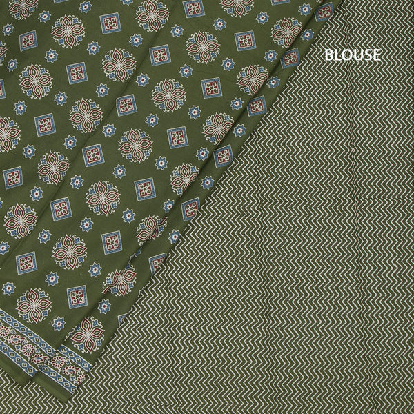 Chanderi Cotton Mehandi Green Printed Saree 02