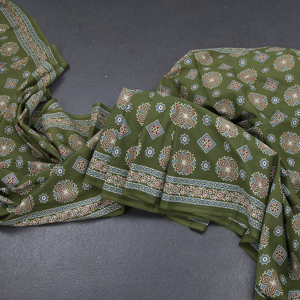 Chanderi Cotton Mehandi Green Printed Saree 02