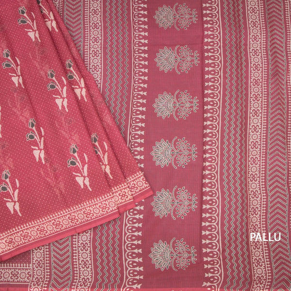 Chanderi Cotton Reddish Pink Printed Saree