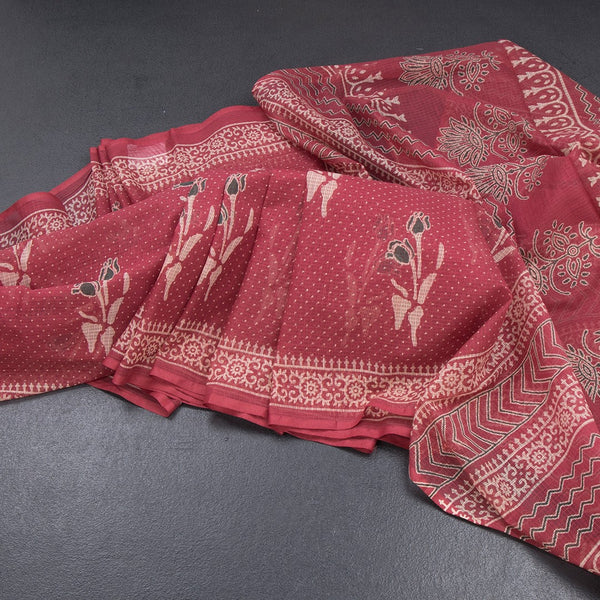 Chanderi Cotton Reddish Pink Printed Saree