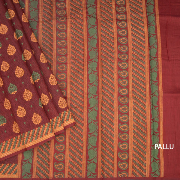 Chanderi Cotton Maroon Printed Saree 04