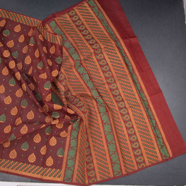 Chanderi Cotton Maroon Printed Saree 04