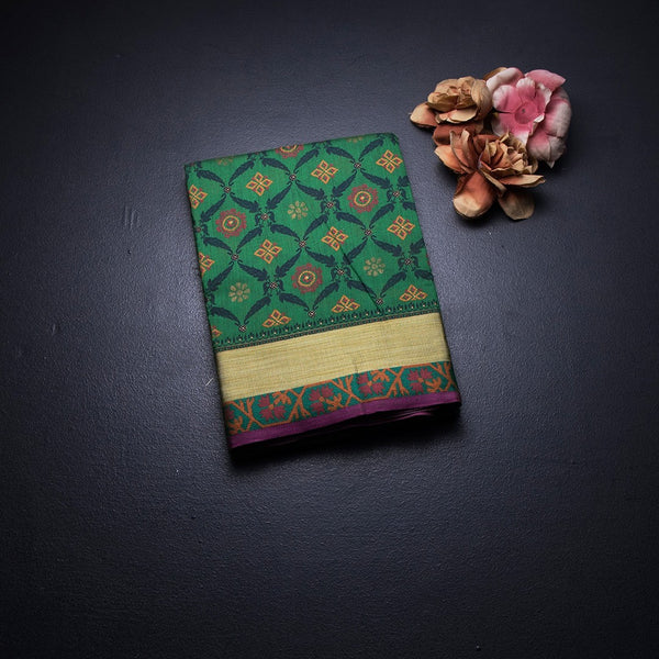 Chanderi Cotton Dark Green Printed Saree
