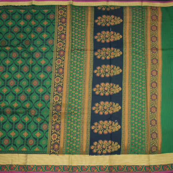 Chanderi Cotton Dark Green Printed Saree