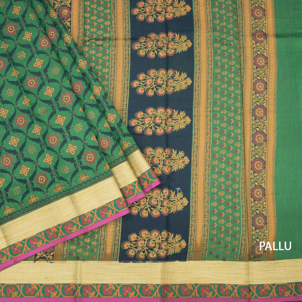 Chanderi Cotton Dark Green Printed Saree