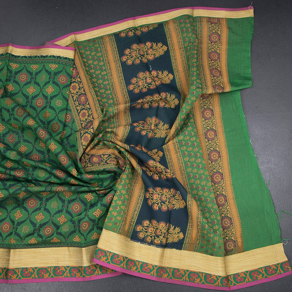 Chanderi Cotton Dark Green Printed Saree