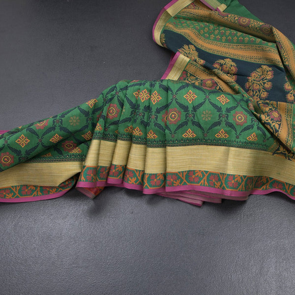Chanderi Cotton Dark Green Printed Saree