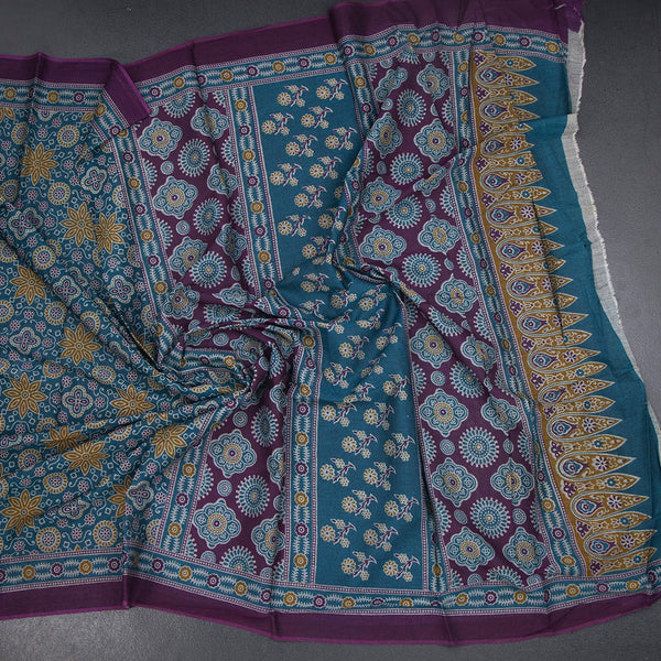 Chanderi Cotton Peacock Blue Printed Saree