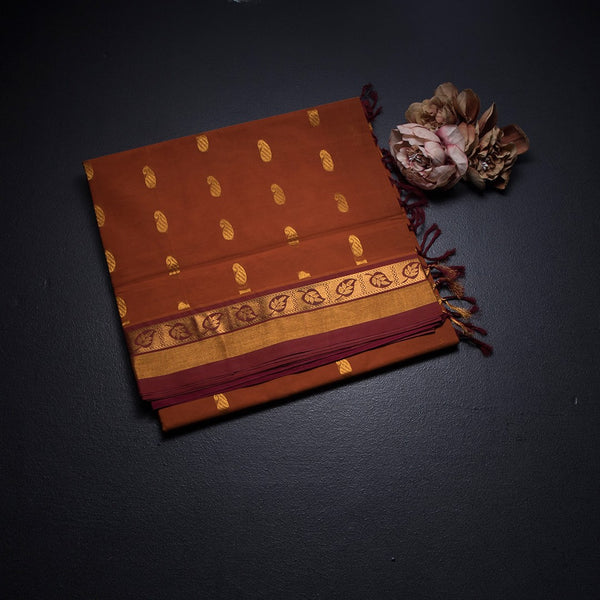 KTSR41978-1-Venkatagiri-Cotton-Dark-Orange-Zari-Worked-Saree-fold