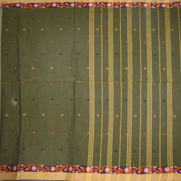 KTSR41985-2-Bengali-Cotton-Olive-Green-Saree-With-Thread-Buttas-full-veiw