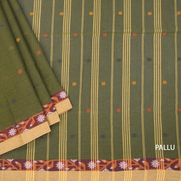 KTSR41985-3-Bengali-Cotton-Olive-Green-Saree-With-Thread-Buttas-pallu