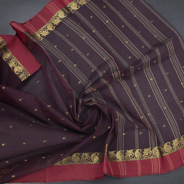 KTSR41993-5-Bengali-Cotton-Dark-Brown-Saree-With-Thread-Buttas-crush