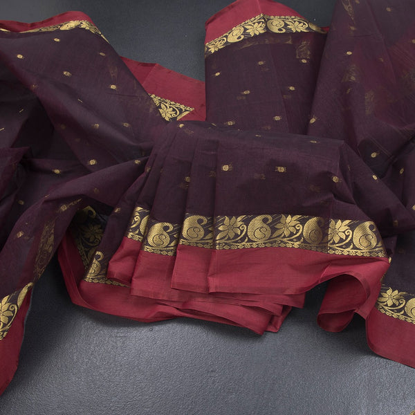 KTSR41993-Bengali-Cotton-Dark-Brown-Saree-With-Thread-Buttas-main