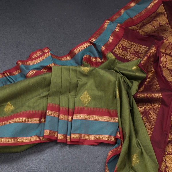 KTSR41999-Kalyani-Cotton-Olive-Green-Zari-Worked-Saree-main