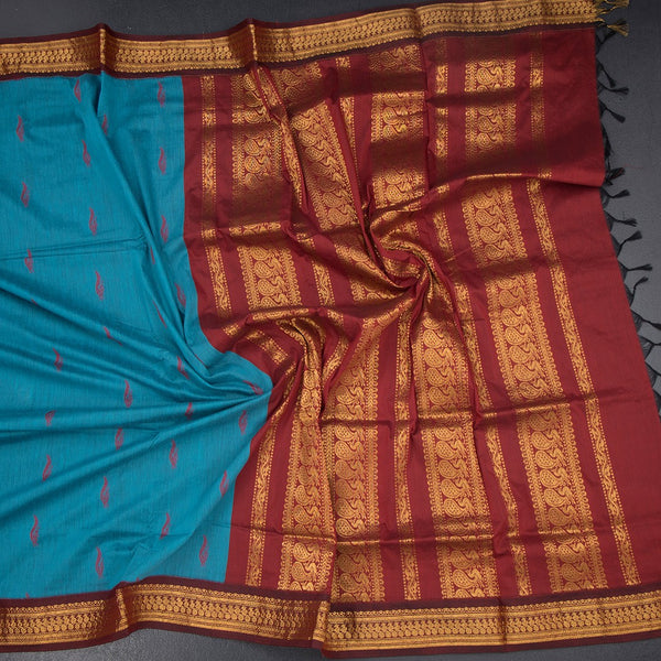 KTSR42002-5-Kalyani-Cotton-Peacock-Blue-Zari-Worked-Saree-crush