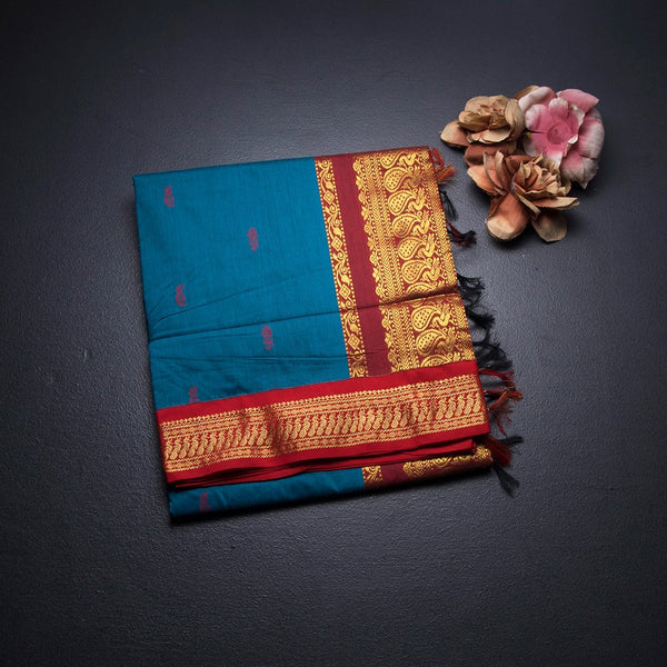 KTSR42011-1-Kalyani-Cotton-Peacock-Blue-Zari-Worked-Saree-02-fold