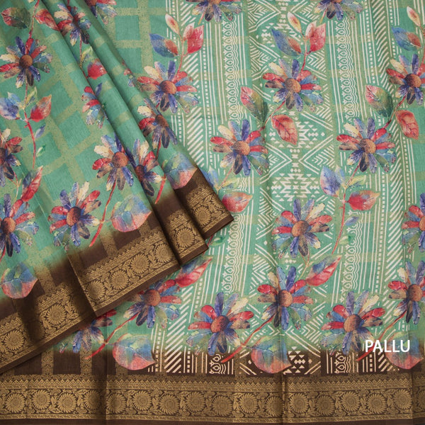 KTSR42112-3-Semi-Raw-Silk-Jade-Green-Floral-Printed-With-Zari-Checked-Saree-pallu