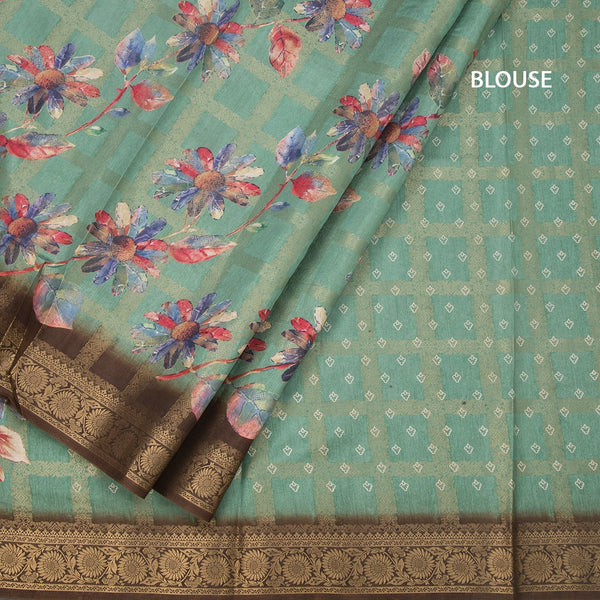 KTSR42112-4-Semi-Raw-Silk-Jade-Green-Floral-Printed-With-Zari-Checked-Saree-blouse