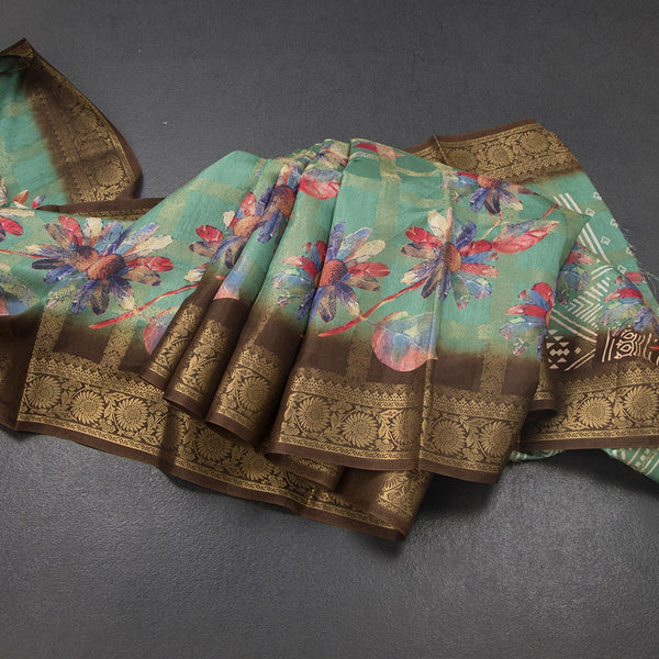 KTSR42112-Semi-Raw-Silk-Jade-Green-Floral-Printed-With-Zari-Checked-Saree-main