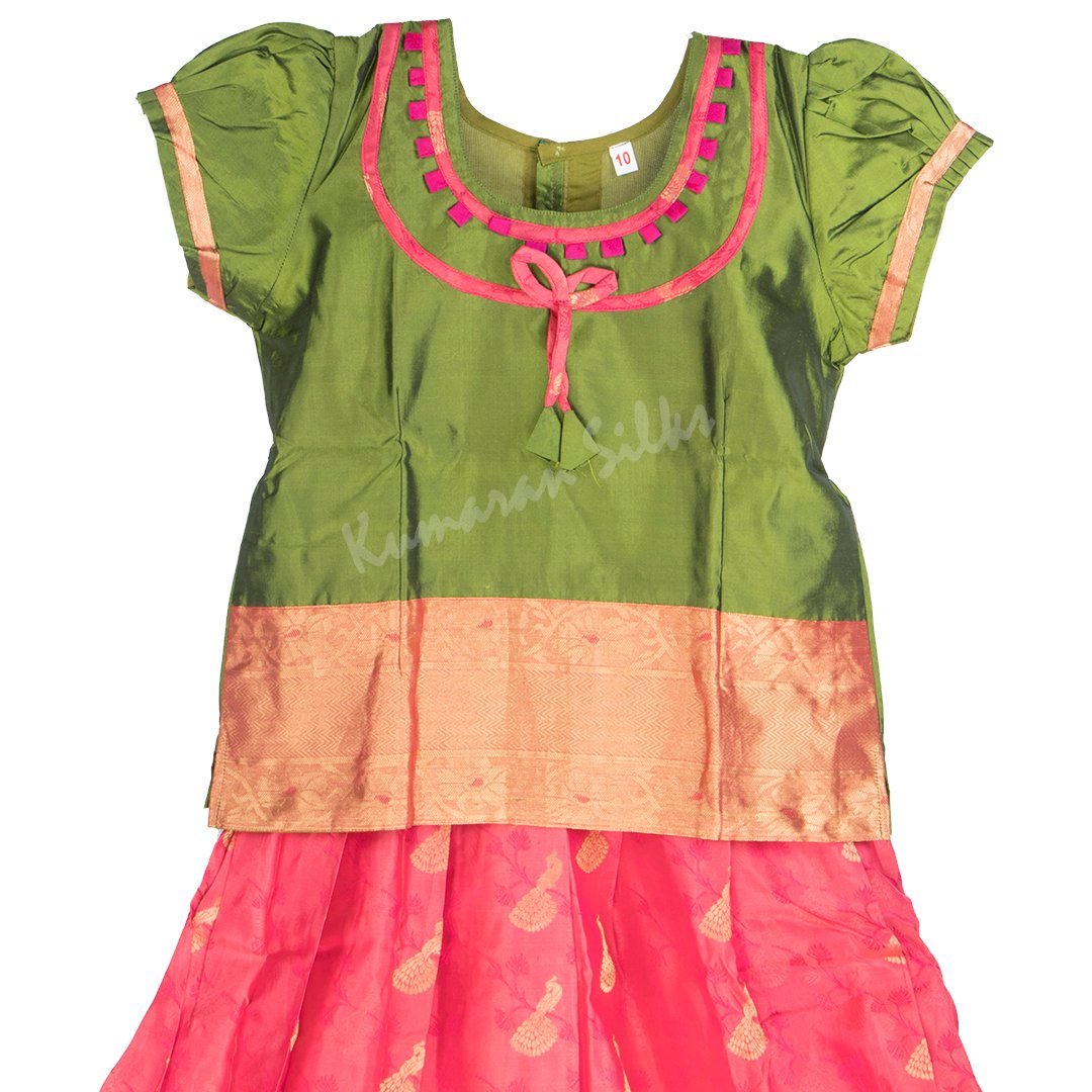 Pure Silk Olive Green 10 Years Baby Pavada Set