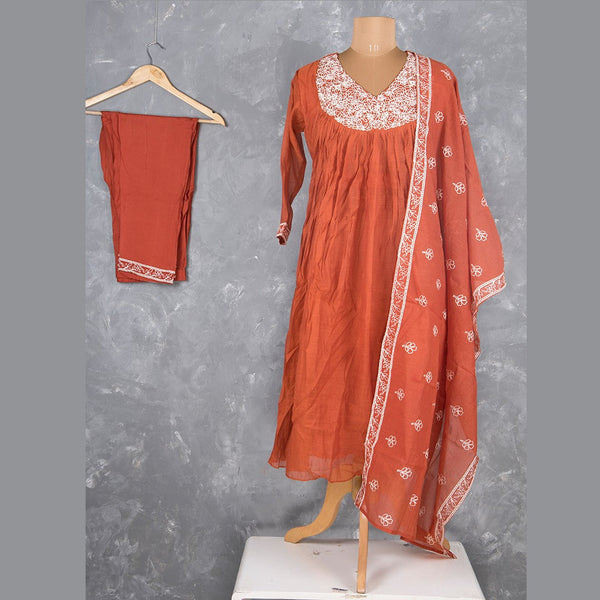 Rust Orange Cotton Thread Readymade Salwar Suit