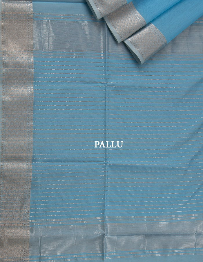 Sky Blue Silk Cotton Saree With Zari Stripes