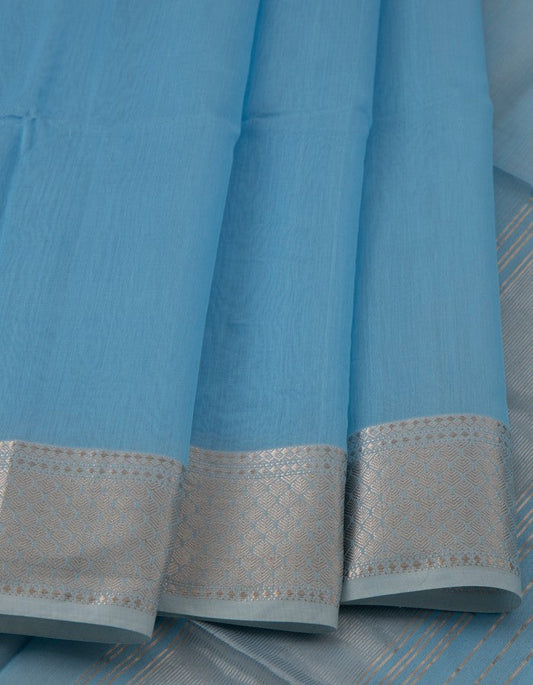 Sky Blue Silk Cotton Saree With Zari Stripes