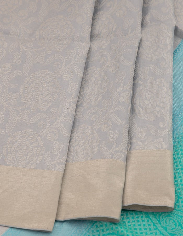 Printed Grey Colour Silk Saree With Beige Coloured Border