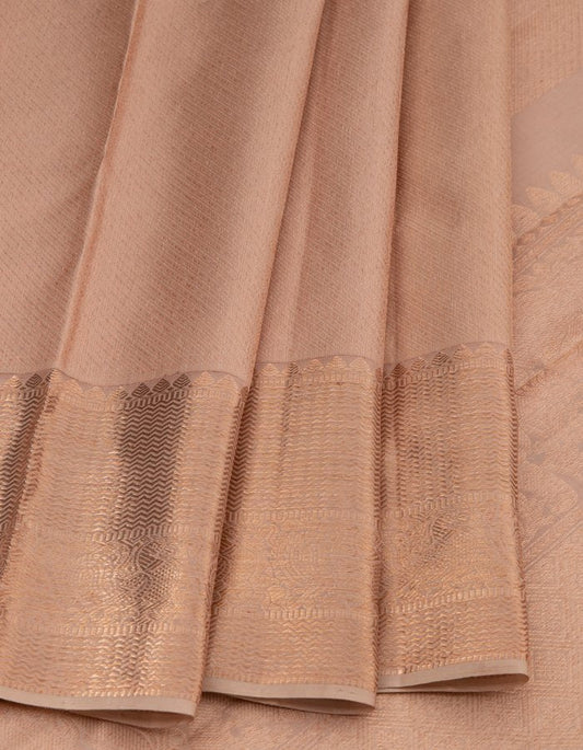 Cream Diagonally Striped Silk Saree With Copper Zari Border