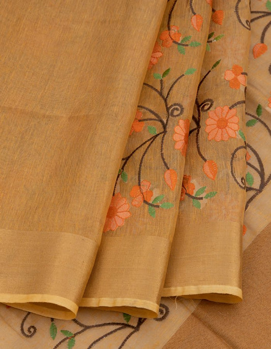 Beige Tissue Linen Saree With Floral Embroidery