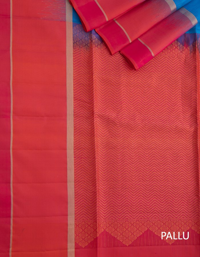 Blue Soft Silk Saree With Coin Zari Buttis And Copper Zari Worked Pink Zig Zag Pallu