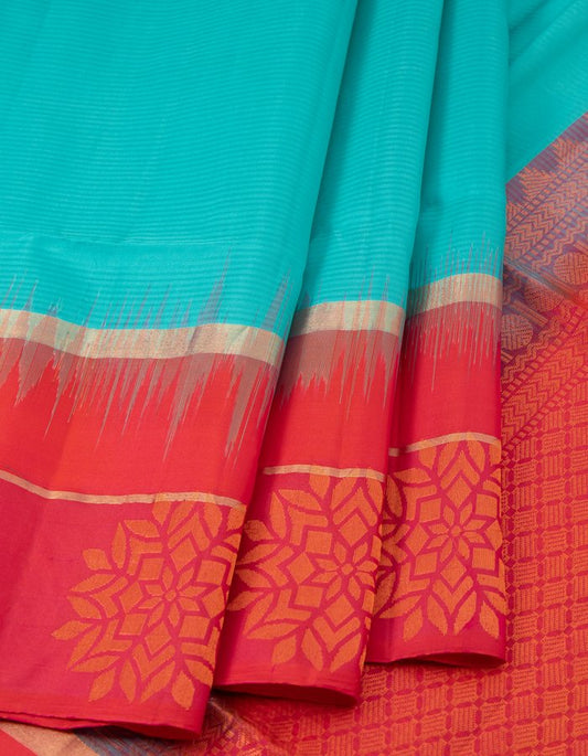 Sea Green Soft Silk Saree With Floral Motifs on The Pink Border