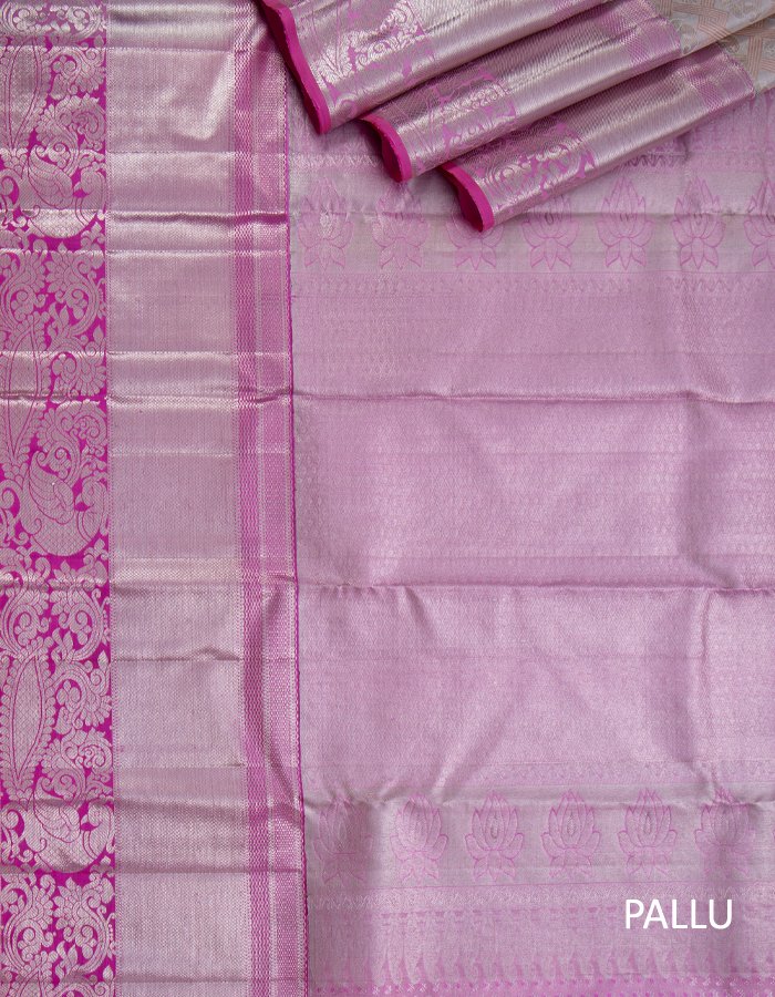 Silver and copper tissue saree with pink silver zari worked border