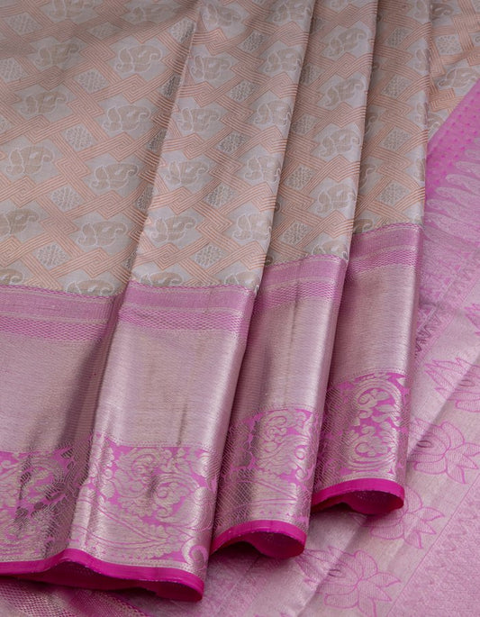Silver and copper tissue saree with pink silver zari worked border
