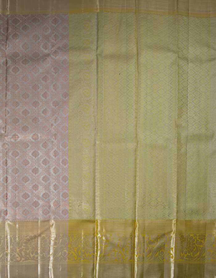 Silver and copper tissue saree with yellow silver zari worked border