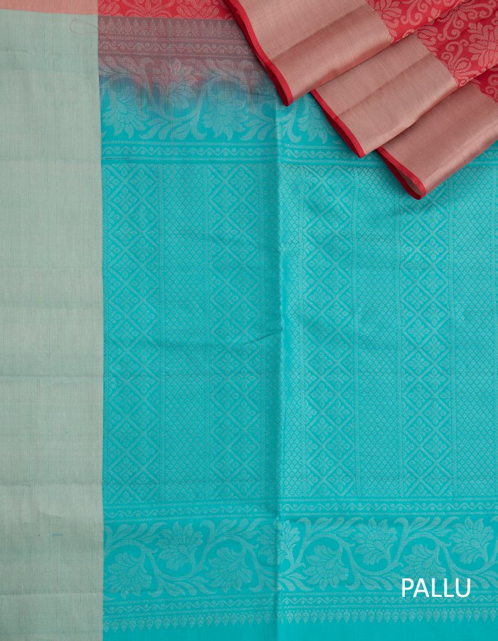 Pink Brocade Soft Silk Saree With Turquoise Blue Floral Designed Pallu