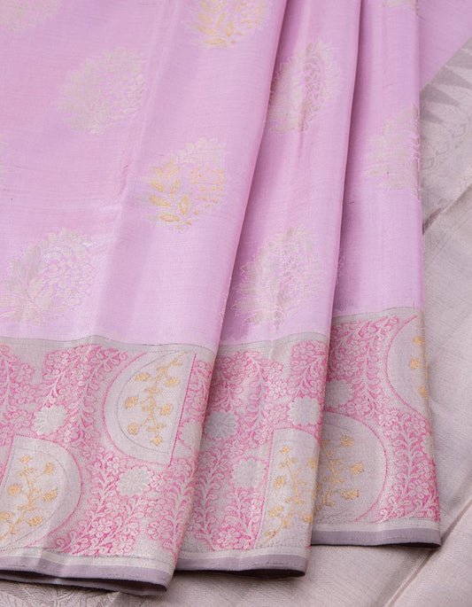 Pink Tissue Woven Silk Saree With Zari Motifs On Body And Brocade Border