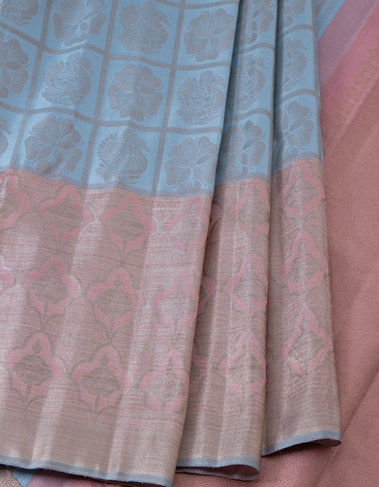 Pastel Blue Checked Silk Saree With Fancy Baby Pink Zari Border