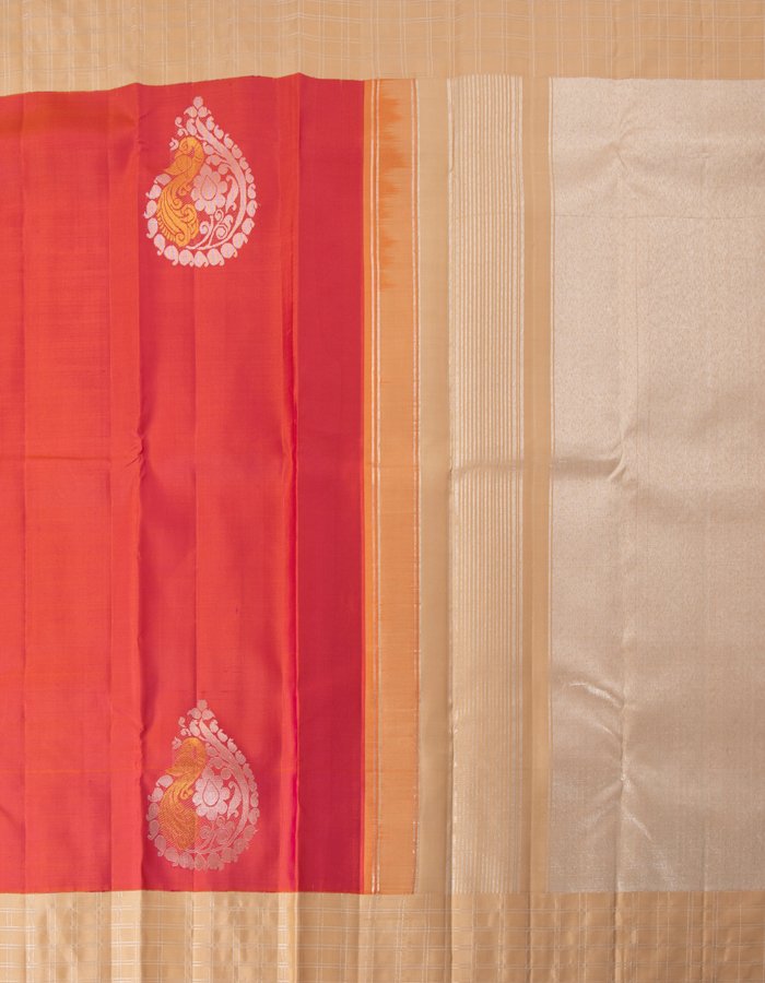 Pinkish Orange Silk Saree With Meenakari Zari Motifs On The Body And Silver Zari Checked Border