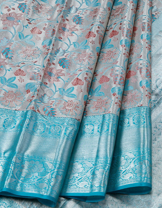 Silver Tissue Silk Saree With Floral Brocade Design