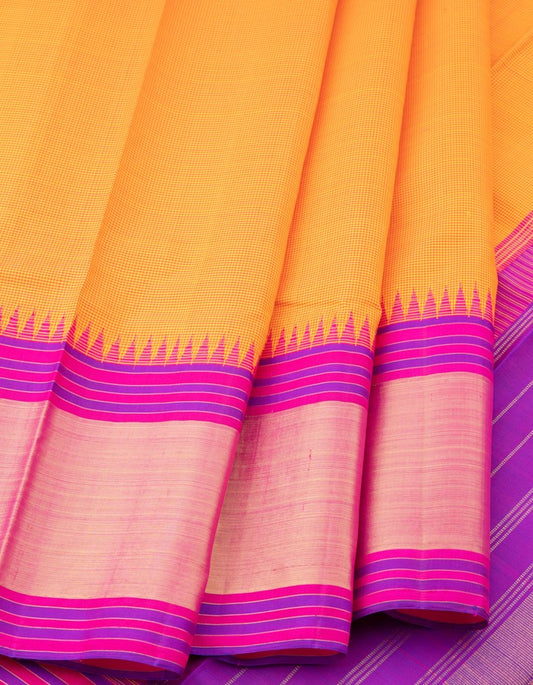 Orange Micro Checked Silk Saree With Pink Temple Zari Border