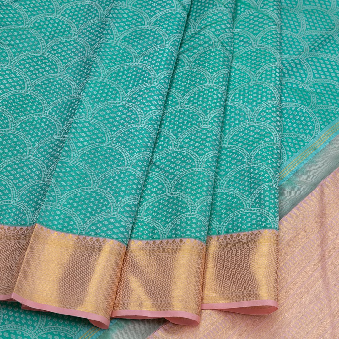 Sea Green Contemporary Patterned Silk Saree With Gatti Zari Border