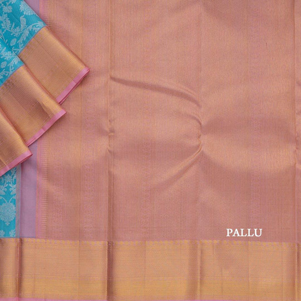 Blue Floral Brocade Silk Saree With Pink Zari Border - Kumaran Silks